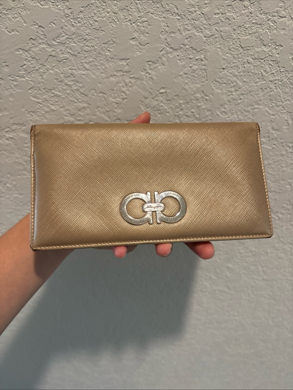 Salvatore Ferragamo Champagne Leather  Wallet with Silver Hardware